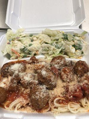 Spaghetti and Meatballs, Seven Layer Salad & Garlic Toast