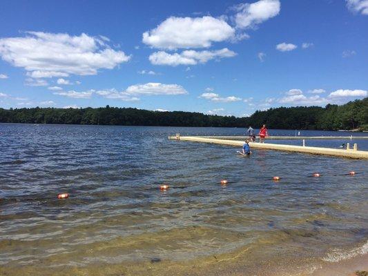 A large dock boxes in swim area. It's fun to walk around from one side to the other or to jump into the water