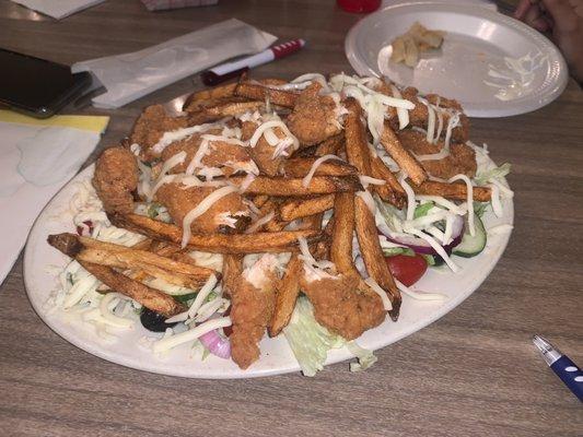 Huge Fried Chicken Salad!!! This place changed hands and it's now MJ's...