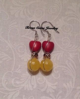 Red Howlite, Crystal and Yellow Jasper Wire-wrapped Earrings