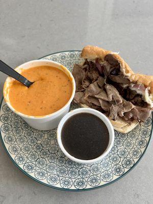 Italian Beef w/onions/peppers/mozzarela, au jus, and cup of tomato bisque