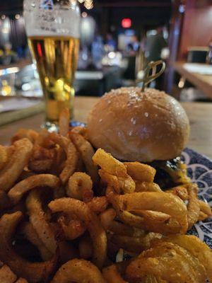 What an amazing plate of deliciousness!  Come for the Wednesday burger special. $12 beer, burger, fries!