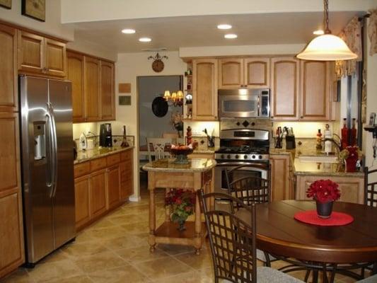 Camarillo, CA -French inspired kitchen remodel - Granite counters, Semi Custom Cabinets, Travertine w/ metal accent backsplash