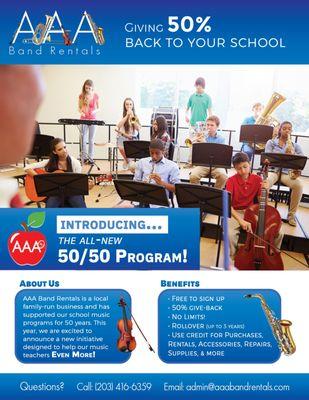 We give back 50% of your first rental payment to your child's school music program!