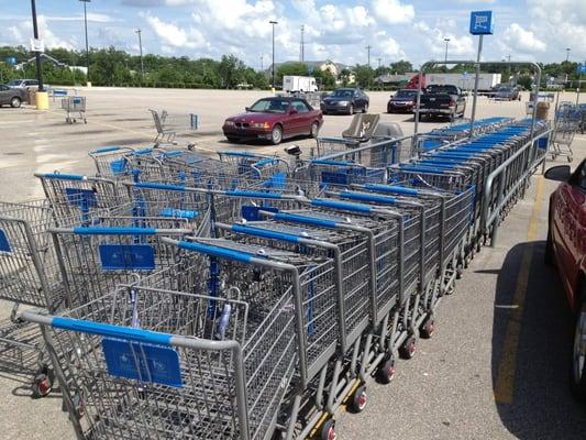 This is typical. Carts sticking out into the parking lot. They never pickup carts until you complain.