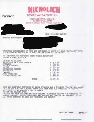 Price gouging charges along with BS fees and some I've never seen any other towing company charge. Stay away from these crooks.