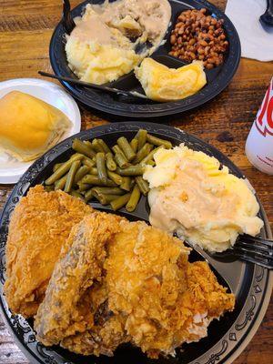 Two piece fried chicken and country fried steak.