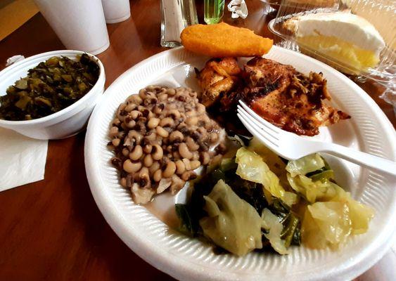 Baked Chicken, Cabbage Greens, Turnip Greens, Black Eye Peas, Hot Water Cornbread, Lemon Meringue Pie, and Sweet Tea !!!