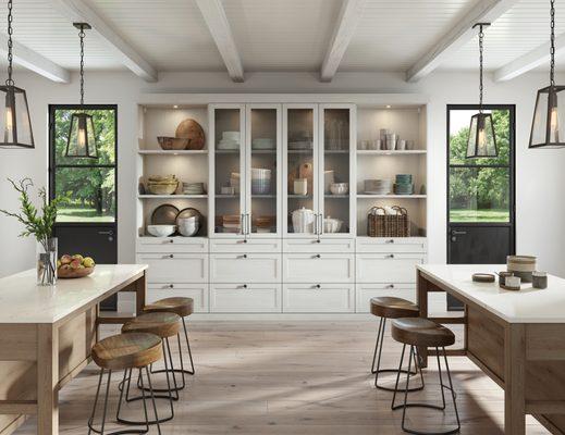 Custom-designed kitchen storage provides essential organization to a room used multiple times a day.