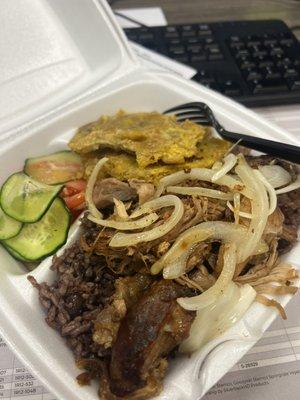 Pernil con Congrís, ensalada and fried plantain (tastes like fried maza, don't be intimidated by it)