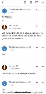 Email of the owner denying me service to be a paying customer. This is 2019 and people like me still go through discrimination and denial.