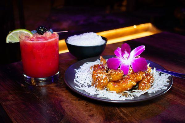 Sesame Chicken paired with one of our delicious cocktails!