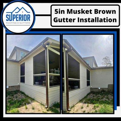 New 5" Musket Brown Seamless Gutter Installation in Burlington North Carolina.