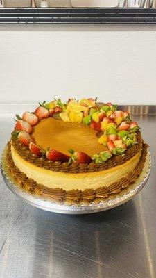 Special flan, cajeta and fruit on top.