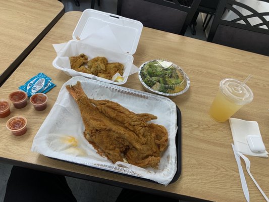 Fried fish , fried oysters and steamed vegetables ! Libation from the liquor store next door ;-)