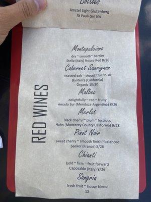 Menu- Red Wines