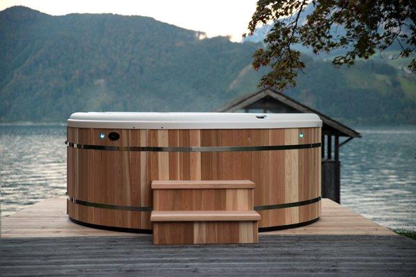 Nordic Hot Tub with Cedar Cabinet and Stainless Steal Banding.