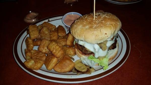 Swiss and mushroom burger with english chips. The English Chips were the best I have had in a very long time.