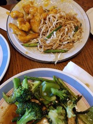 Mandarin chicken with chow mein.  Vegetable delight.  Mongolian beef is our favorite!(not pictured).