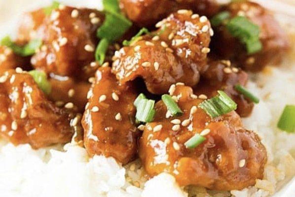 Sesame chicken or beef. $9.95