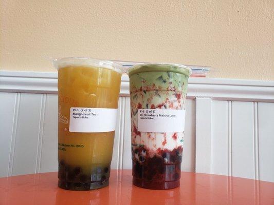 Mango Fruit Tea & Strawberry Matcha Latte with boba. So good!! :)