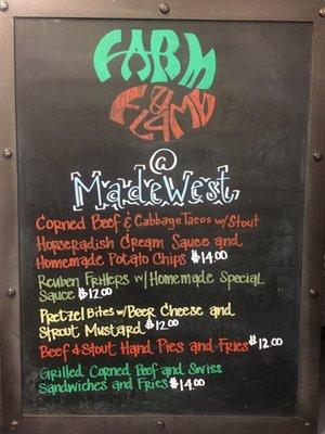 Recent Farm & Flame menu at MadeWest Brewery.