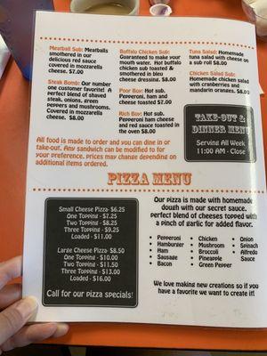 Pizza menu