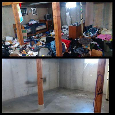 Junk removal before and after pictures of basement clean out and hauled away.