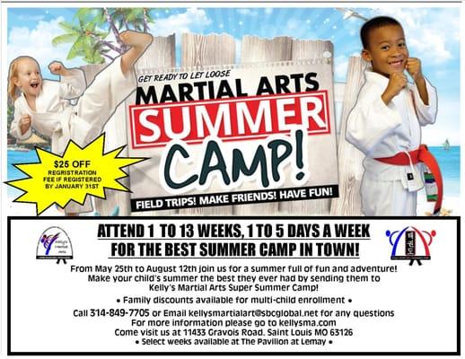 Summer Camp Monday - Friday 7am-6pm every day there is Martial Arts Training and a field Trip.http://www.kellysmartiala­rts.com/summer-camp.