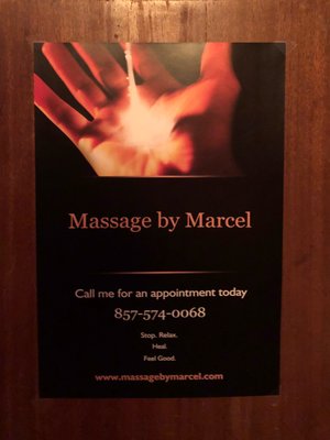 Massage by Marcel informational poster in his studio