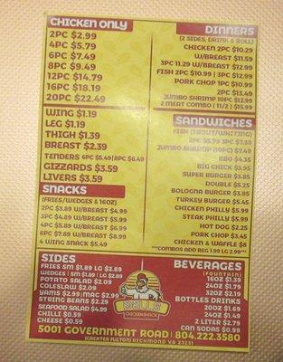 Chicken Shack menu.