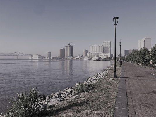 A photo of the Moon Walk located between the Mississippi River and the French Quarter in New Orleans.