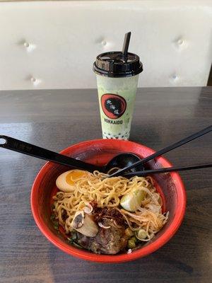 Spicy beef with +egg. Matcha.