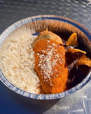 This Chile Relleno is the Best. Chile Poblano, lightly battered and fried, then topped with Salsa Ranchera!