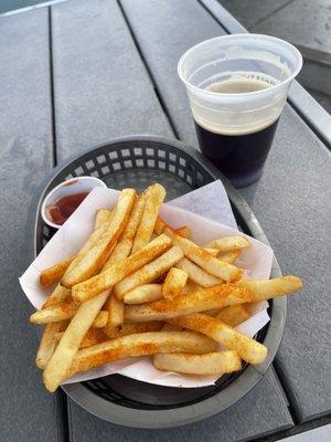 French fries, from hella dog, beer from Tap Room