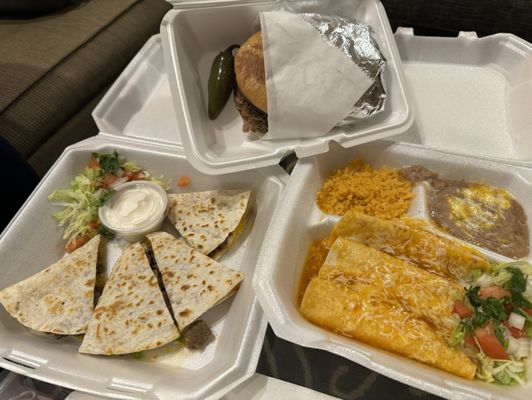 Beef quesadilla, cheese enchiladas, beef torta.