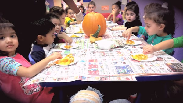 Exploring the inside of a pumpkin.