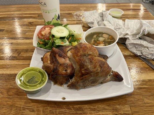 Half chicken with soup and salad