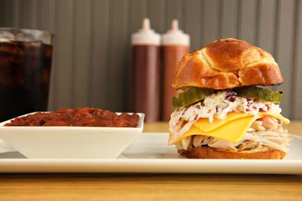 Mr. B's pulled chicken sandwich with side of baked beans