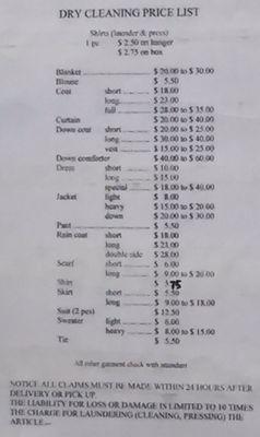 Dry Cleaning Price List