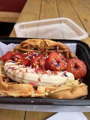 Waffle with strawberries and bananas