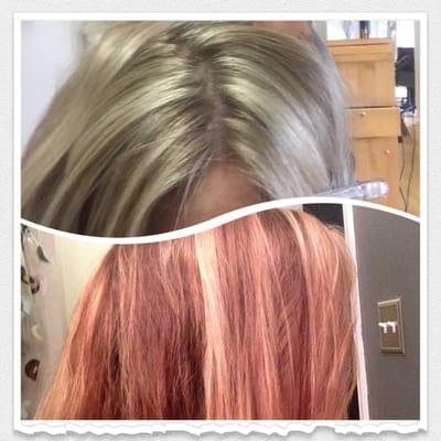 Before: Brassy chunky highlights. After: Soft base, natural pale blonde highlights and protein treatment. By: Melissa H.