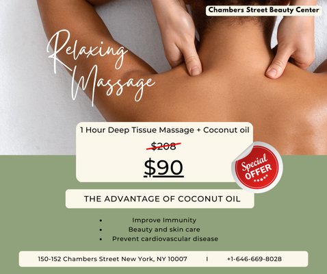 Know the benefits of a deep tissue massage and with the advantage of the very natural coconut oil. Special Offer for $90!