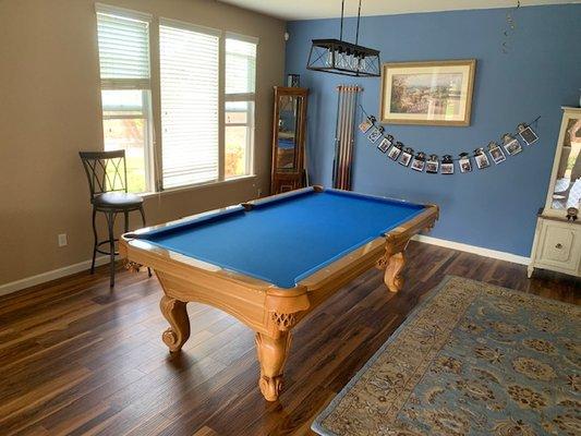 Pool Table Move with installation in Carmichael Ca. Table cloth was replaced in the Academy Blue color. New Felt Installation & Replacement.