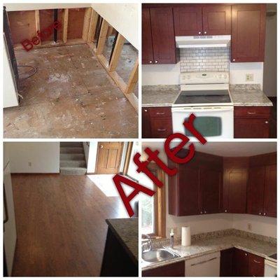 Kitchen renovation water damage before and after.