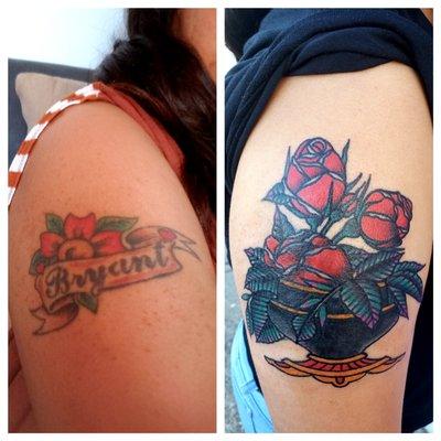 This is a before and after of my coverup tattoo done by Andrew. He was very courteous, patient, and efficient. I left a happy customer.