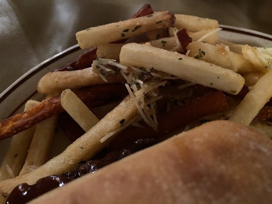 Mixture of regular fries and sweet potato fries