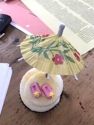 Frosting filled chocolate cupcakes beach summer decorated.