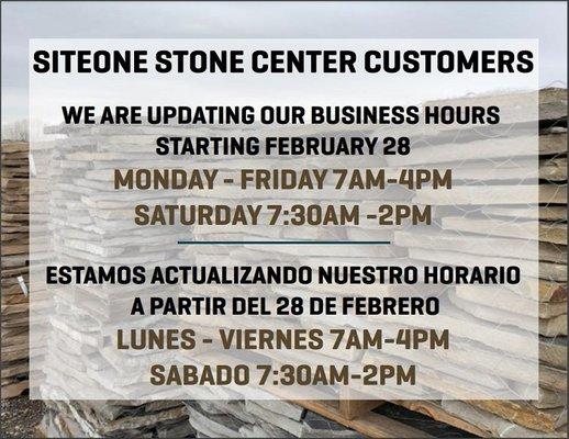 New Hours beginning February 28
 Mon-Fri 7am-4pm
 Saturday 7:30am-2pm