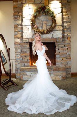 The front of the gown was hemmed without losing the effect of the folded tulle.